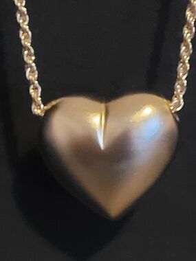 Vintage Korea Gold Tone Satin Puff Heart Necklace 36" Rope Chain Large Pendant